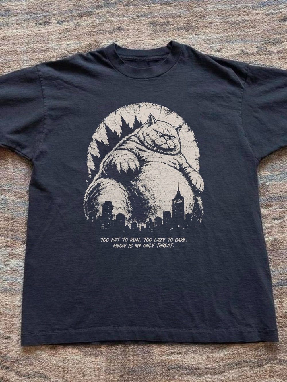 Lazy Cat Too Fat To Run City Monster Black T-Shirt